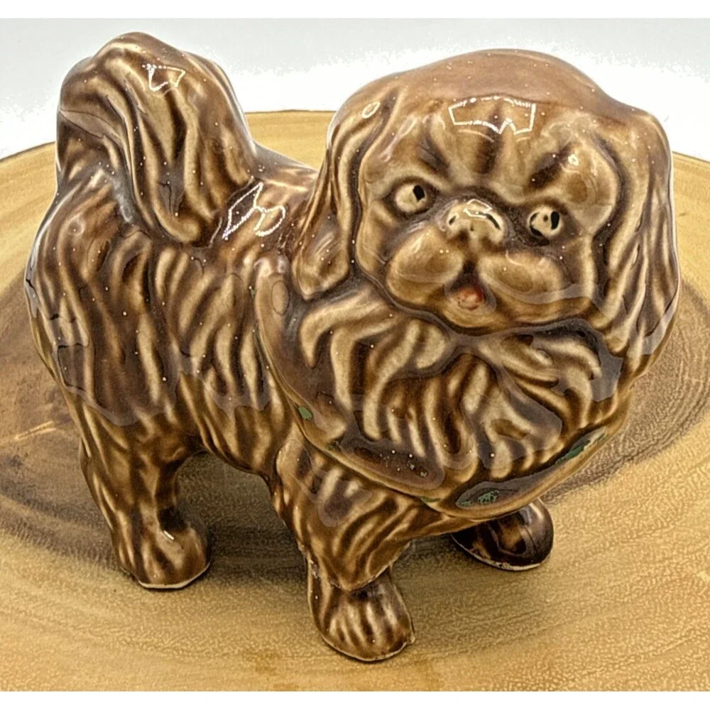 Vintage Porcelain Pekingese Figurine Pekingese Brown Dog W/Green Bow 3.5